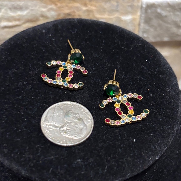 Elegant Gold and Multicolor CC Crystal Earrings - Picture 5 of 5